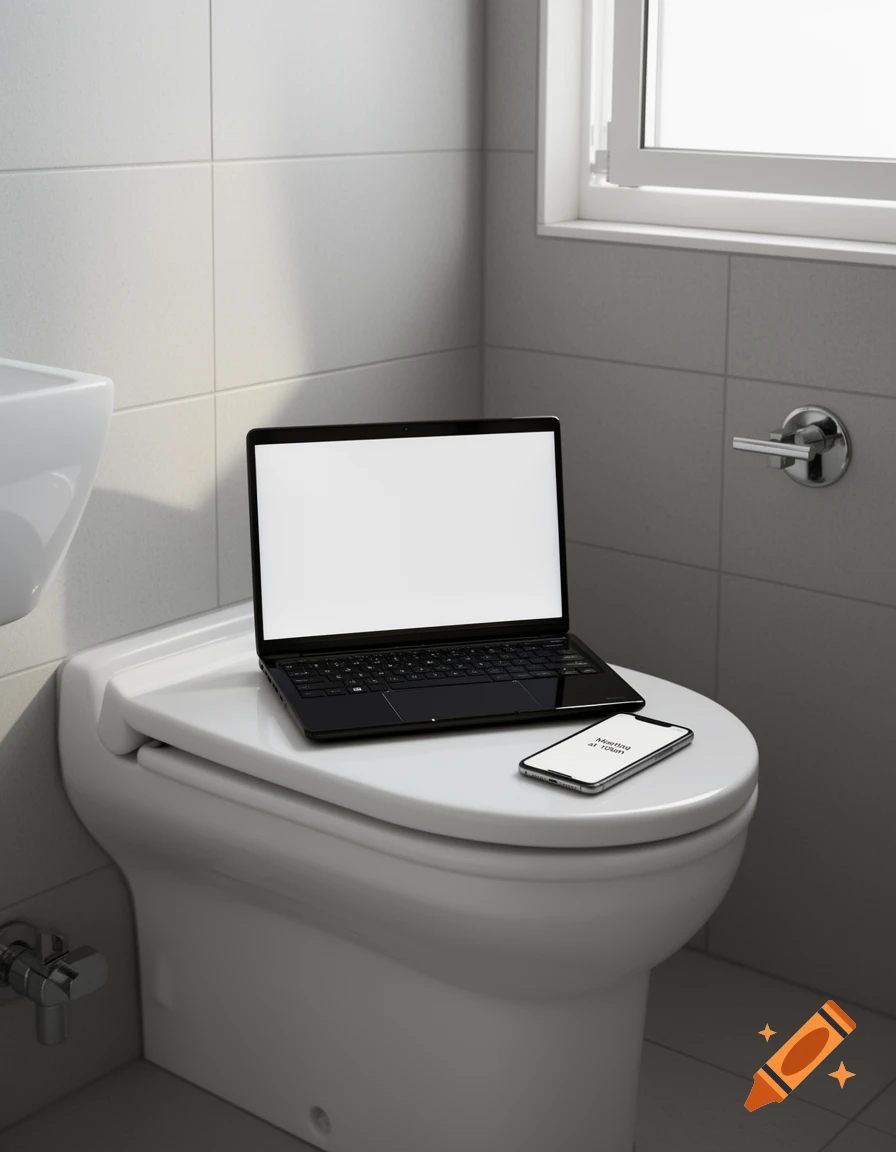 A black laptop with a blank screen and a smartphone displaying 'Meeting AT 10AM' rest on the lid of a white toilet in a clean, tiled bathroom.