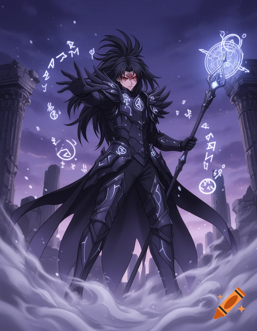 An anime-style character in dark armor with spiky black hair casts a spell, surrounded by glowing runes, holding a staff in a ruined setting.