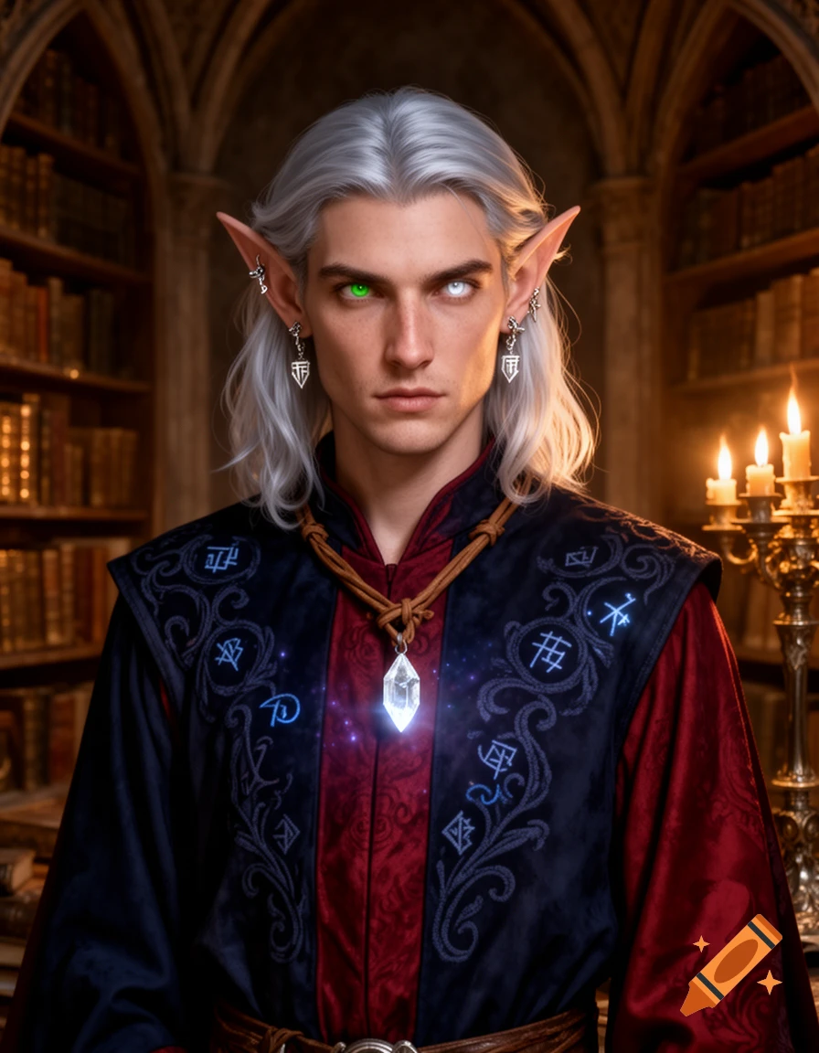 Portrait of a silver-haired half-elf sorcerer with pointed ears and heterochromia, wearing an ornate blue and red robe with glowing runes, in a dimly lit library.