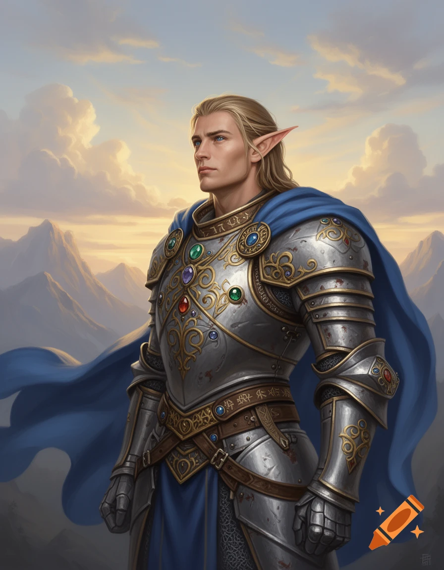 A majestic half-elf paladin with long blonde hair and pointed ears, wearing ornate silver armor and a blue cape, standing against a cloudy mountain landscape at sunset.