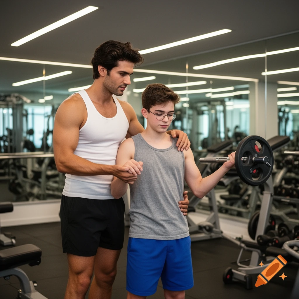 A personal trainer in a white tank top and black shorts helps a younger man in a gray tank top and blue shorts lift weights in a gym.