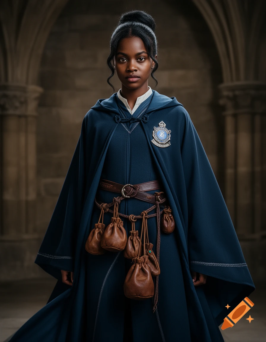 A young dark-skinned woman in navy wizarding robes with a bun, brown leather pouches on her waist, and a badge, in a stone hall.