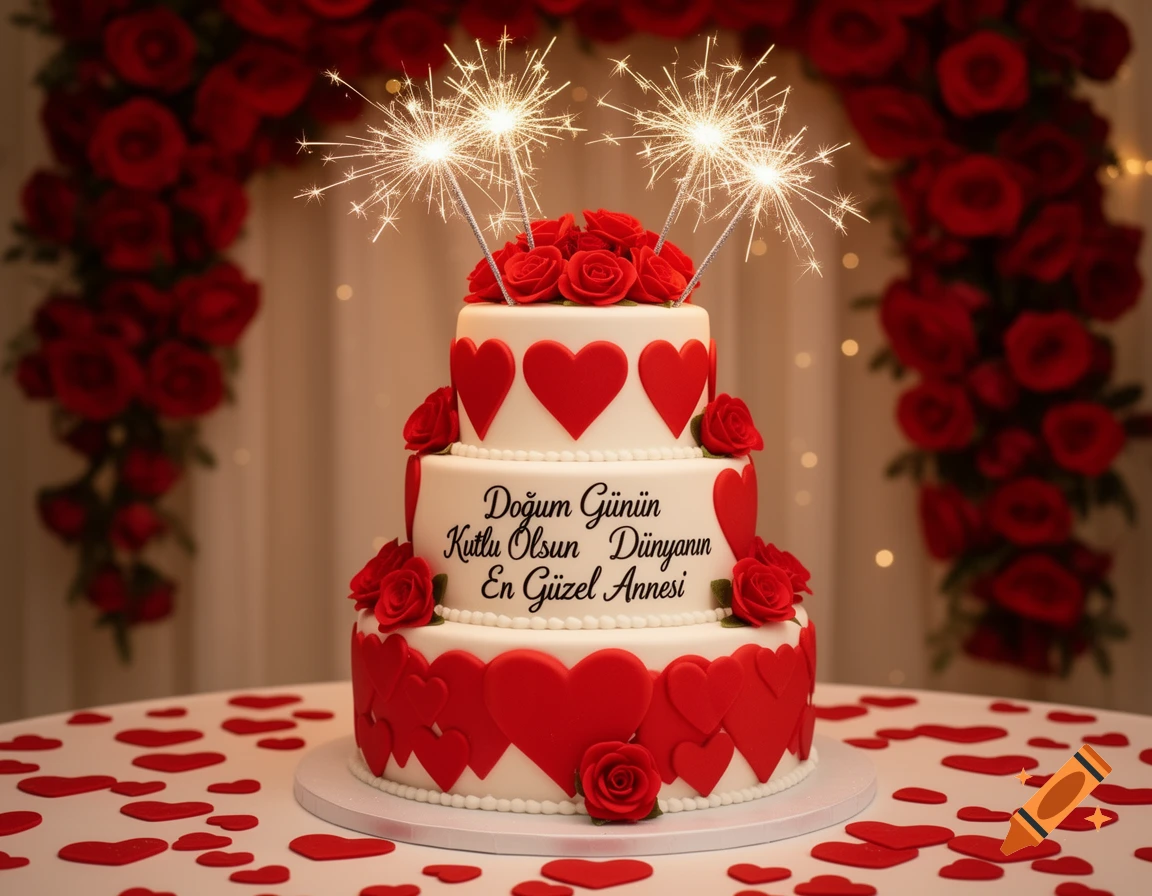 An elegant three-tier white birthday cake with red hearts and roses, topped with sparklers, on a confetti-strewn table against a red rose arch background.