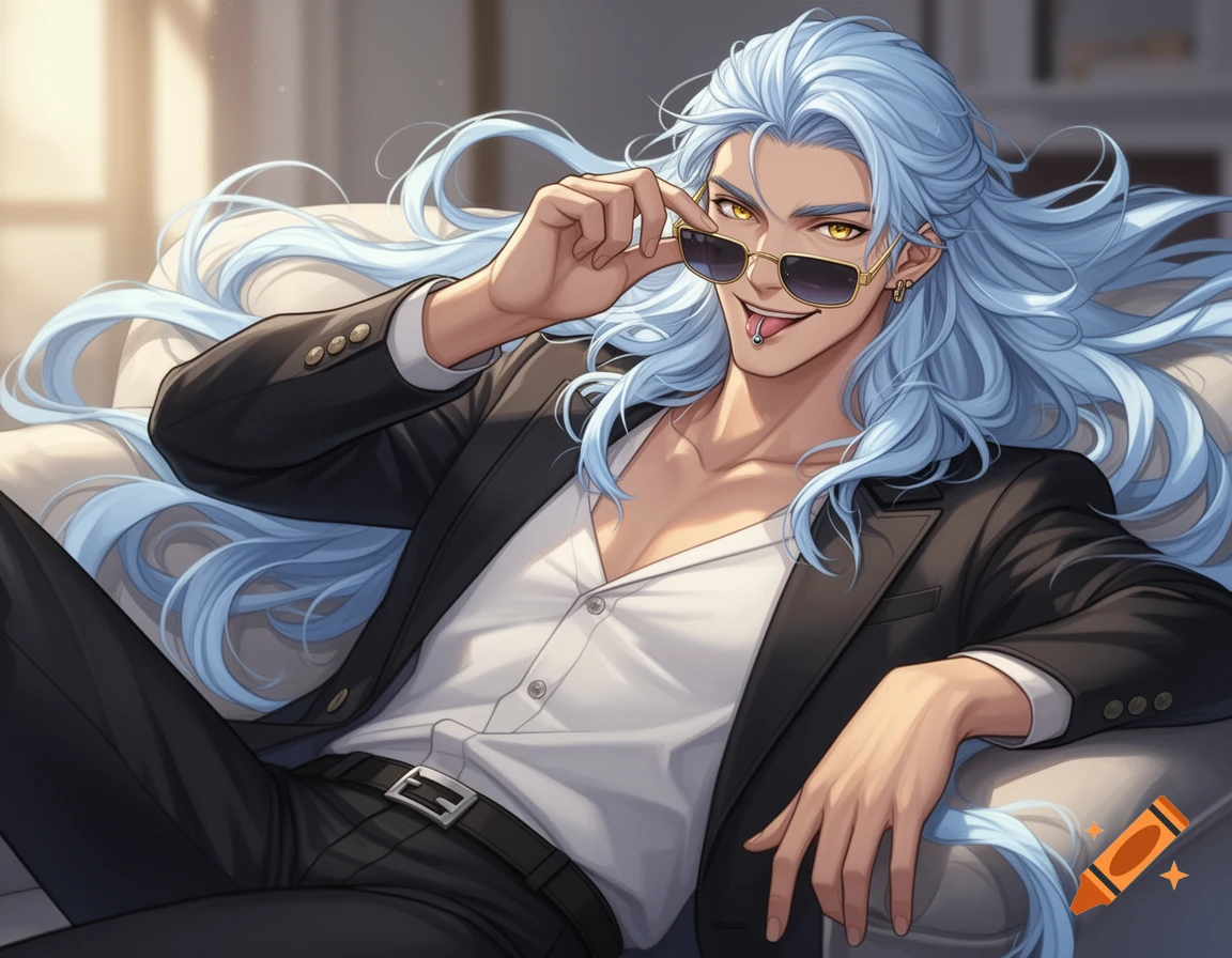 A handsome anime man with long pale blue hair and golden eyes, wearing a suit, slides his sunglasses down his nose with a grin while lounging on a couch.