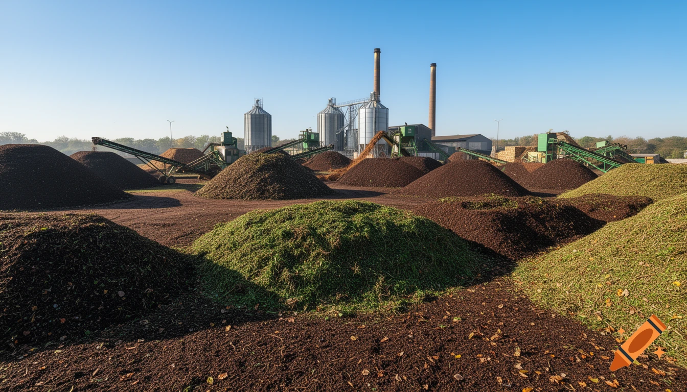A composting plant with multiple large piles of organic material, conveyor belts, silos, and smokestacks under a clear blue sky.