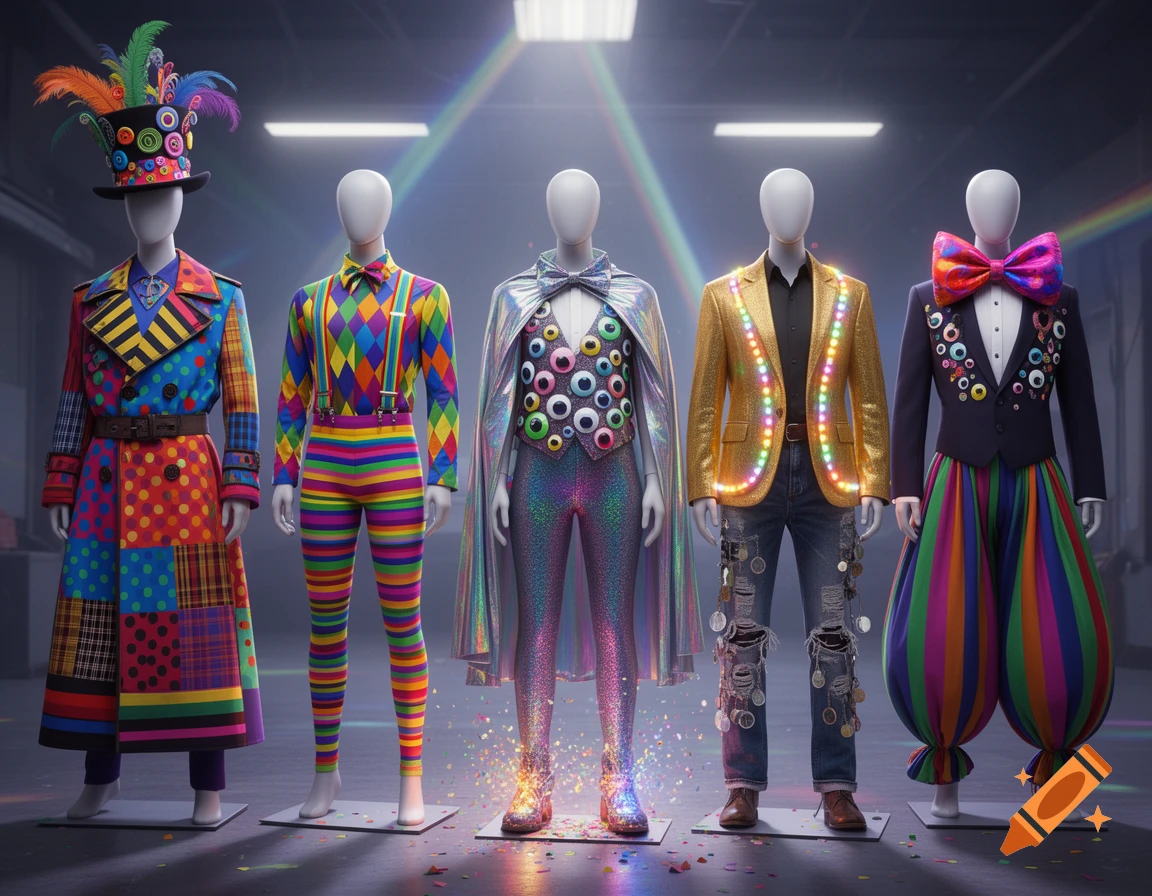 Five mannequins display unique, colorful, and wacky supervillain-inspired outfits with bold patterns, googly eyes, lights, and feathers in a studio setting.
