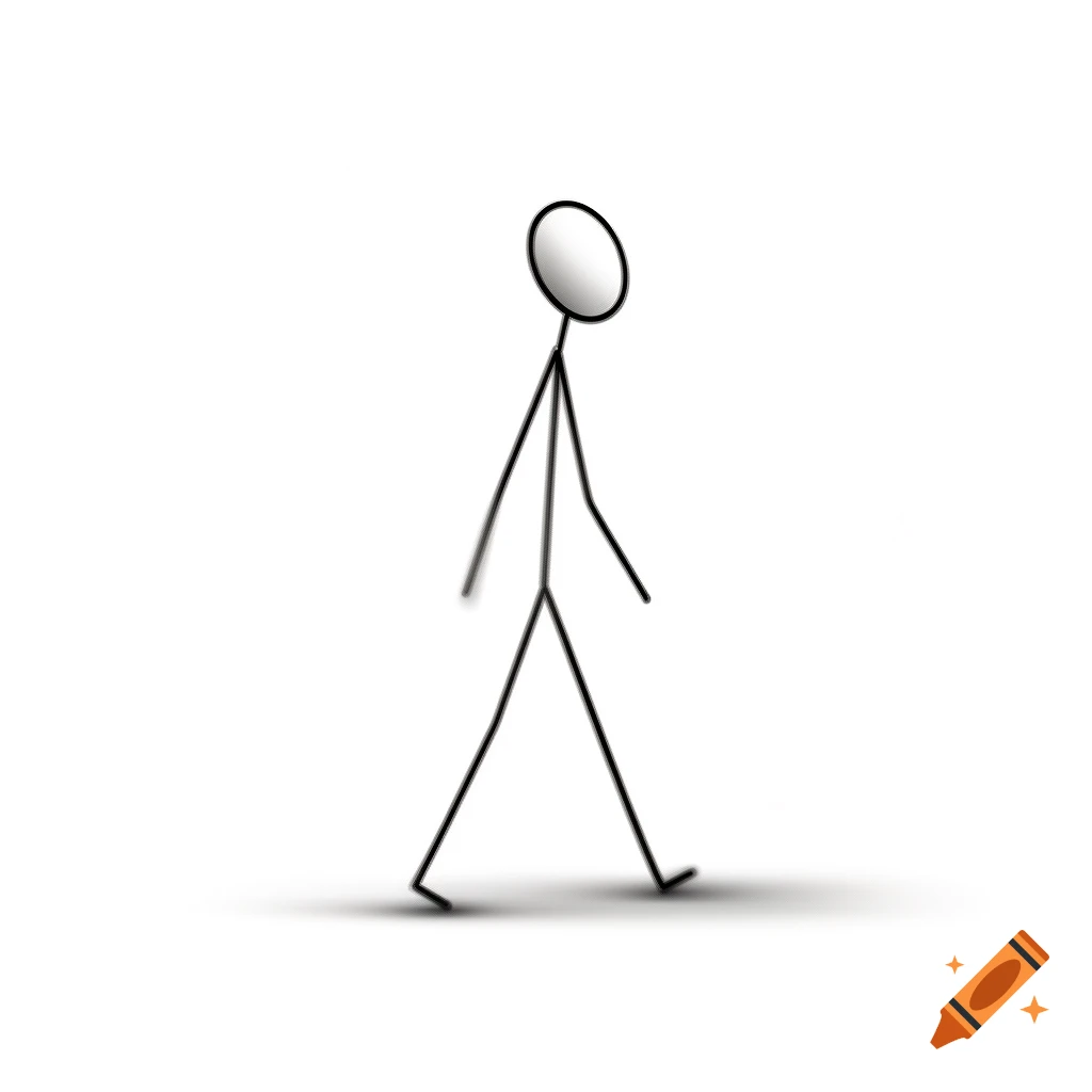 A simple black stick figure walks to the right on a plain white background, casting a soft shadow.