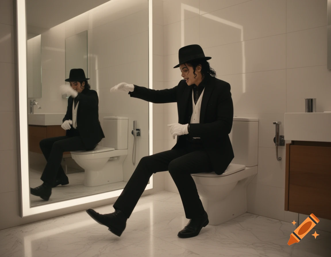 A photorealistic image of a person resembling Michael Jackson in a black suit and fedora, dancing while perched on a toilet in a modern bathroom, with his reflection visible in a large mirror.