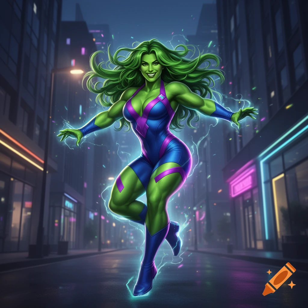 She-Hulk in a blue and purple costume hovers with green energy in a neon-lit city street at night, comic book art style.