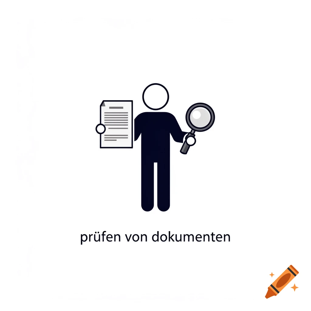 Pictogram of a figure holding a document and a magnifying glass, with the text 'pr r f f