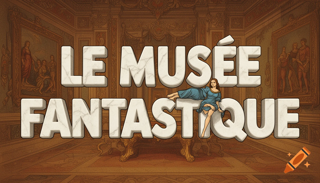 Comic illustration of a museum hall with the title 'LE MUSÉE FANTASTIQUE' in marble letters, and a woman in a blue dress reclining on them.