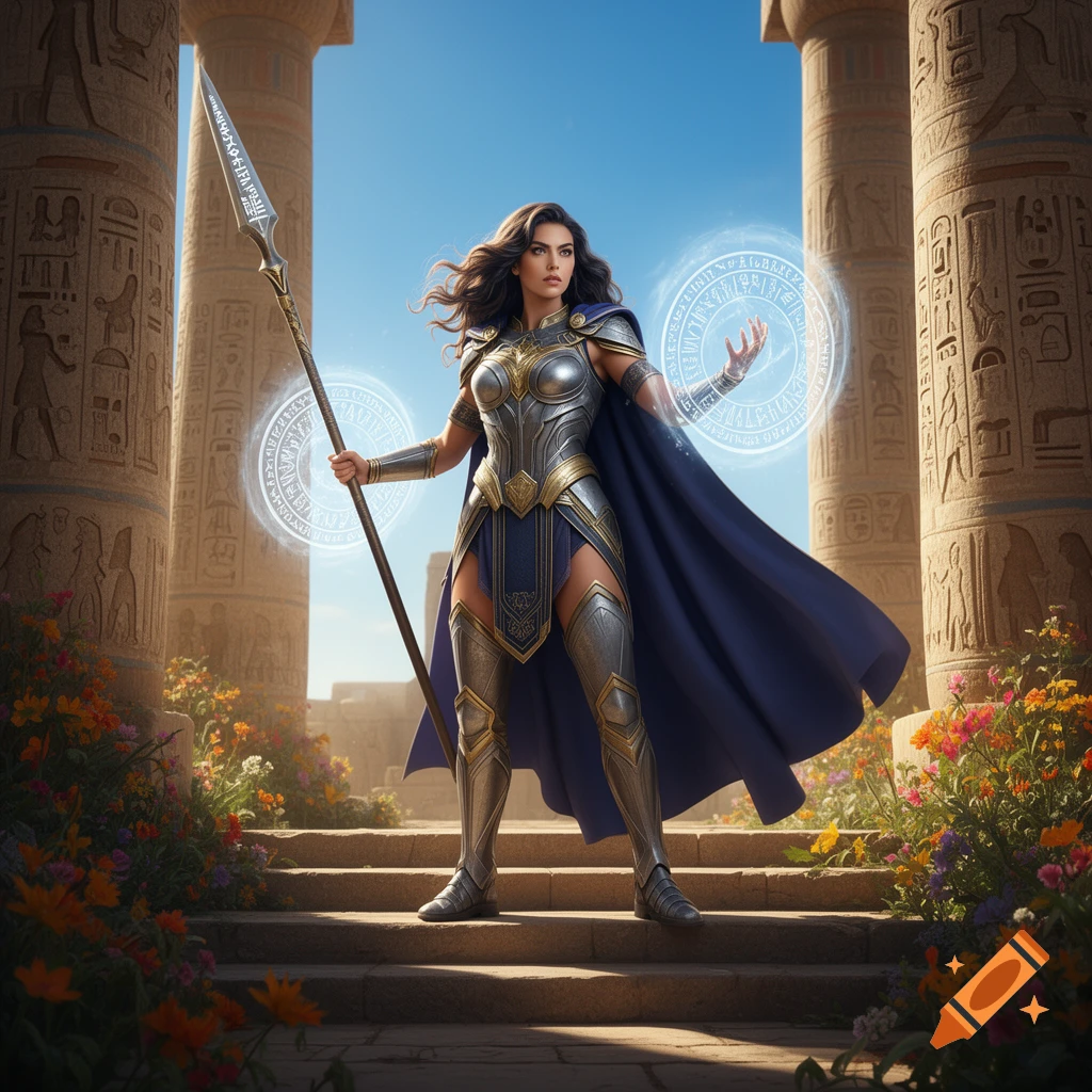 A female warrior in ornate silver and gold armor with a blue cape stands on ancient stone steps, holding a spear. Magical glowing symbols orbit her hands. Behind her are massive carved pillars under a clear blue sky, with colorful flowers blooming at the base of the steps. Photorealistic style.