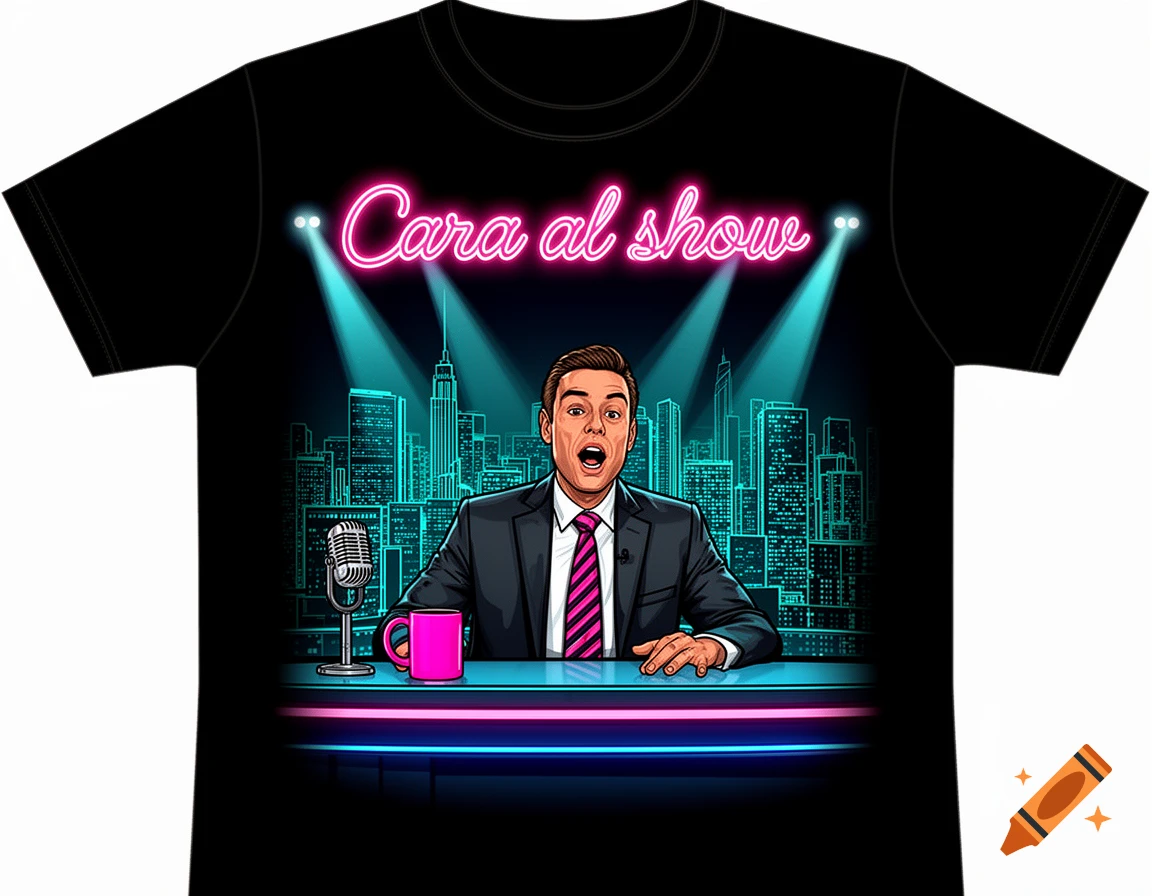 Vector art of a late-night talk show host at a neon desk with a mic and pink mug, city skyline backdrop, and 'Cara al show' neon text.