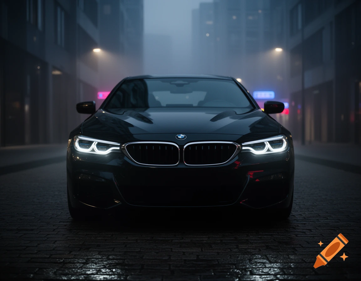 Front view of a black BMW sedan with bright headlights on, parked on a wet, misty city street at night.