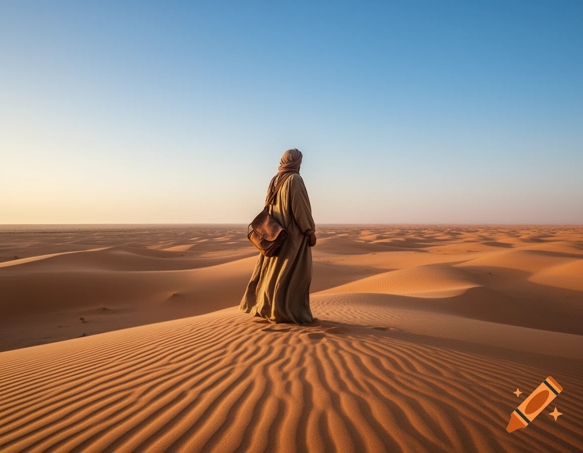 A lone figure in traditional attire stands atop a sand dune, looking out over a vast desert landscape at sunset.