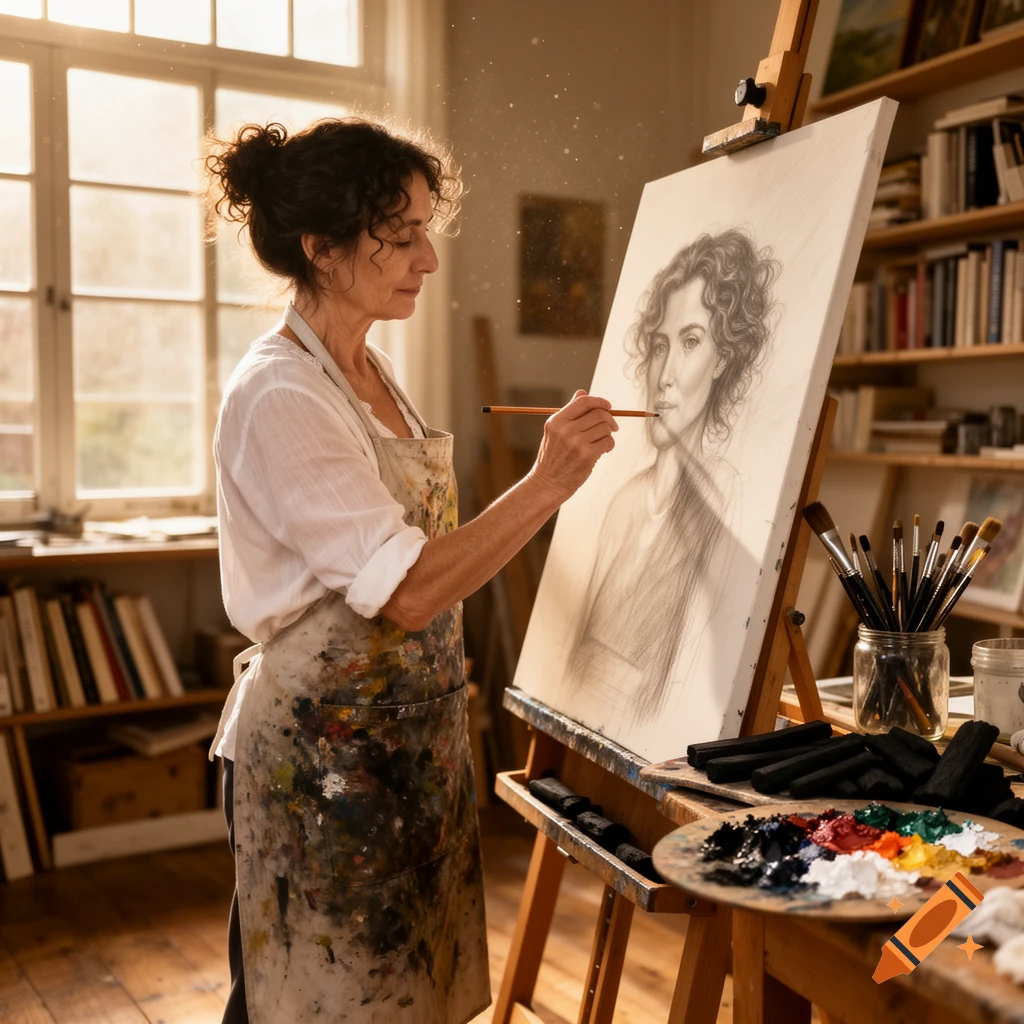 A woman artist in a sunlit studio drawing a portrait on an easel, with art supplies nearby.