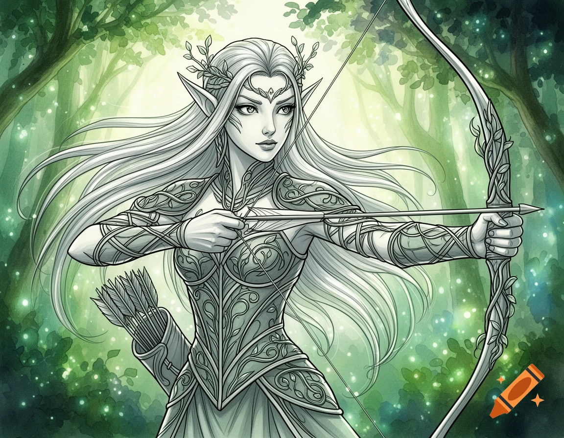 A stylized outline drawing of an elvish archer with long white hair, aiming a bow and arrow in a green forest.