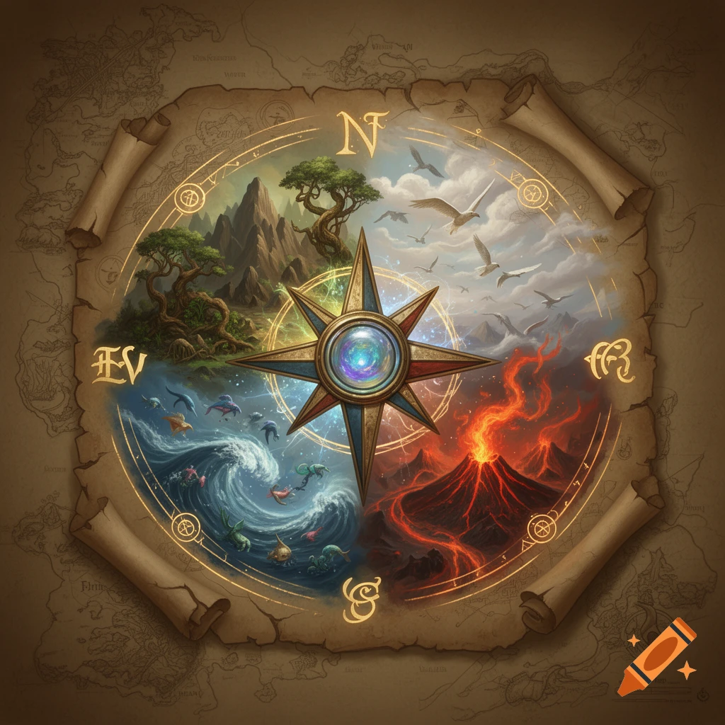 An ornate fantasy map featuring a central compass star, dividing the map into four quadrants representing earth, air, water, and fire elements.