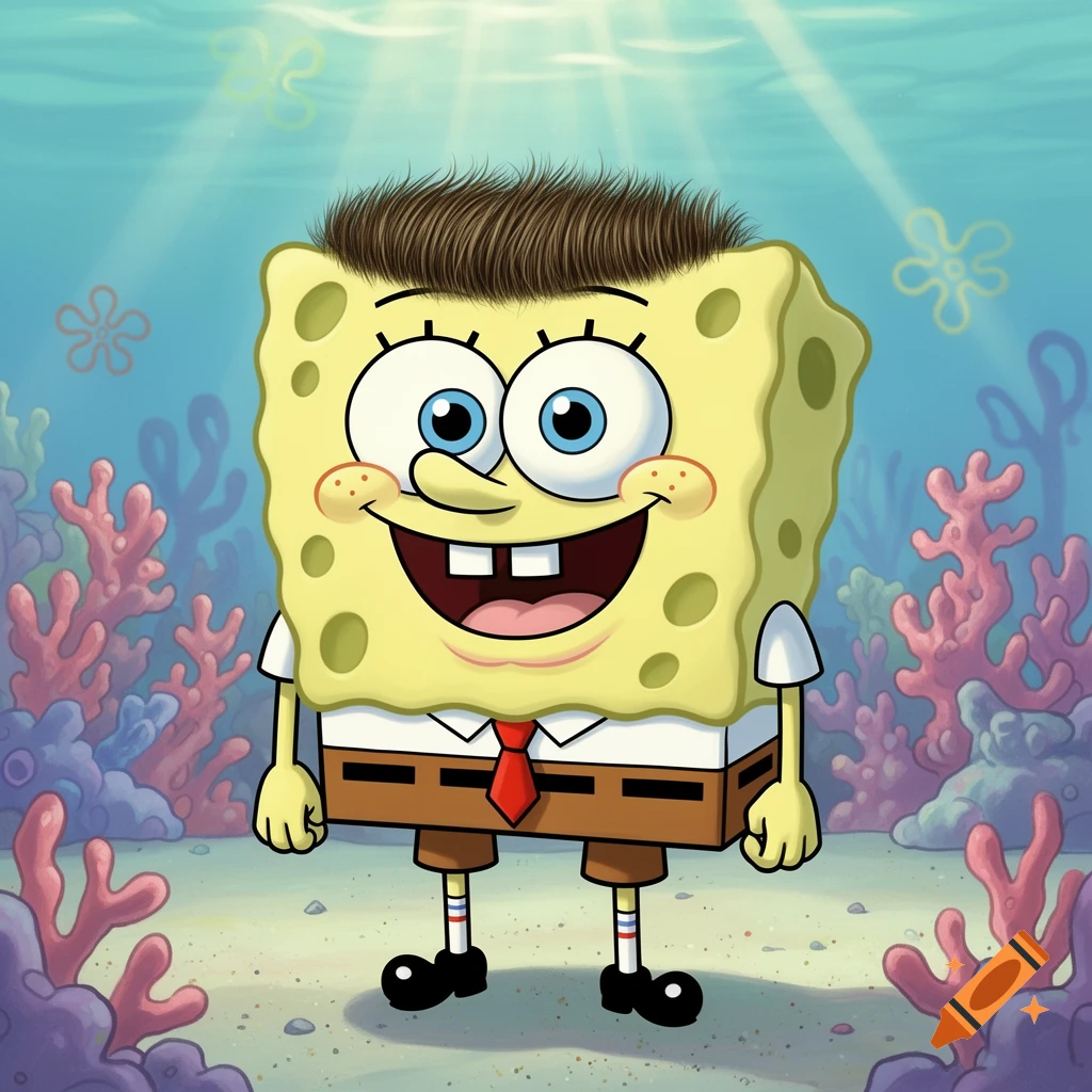 SpongeBob SquarePants with a brown, spiky haircut stands underwater among coral and anemones, smiling.