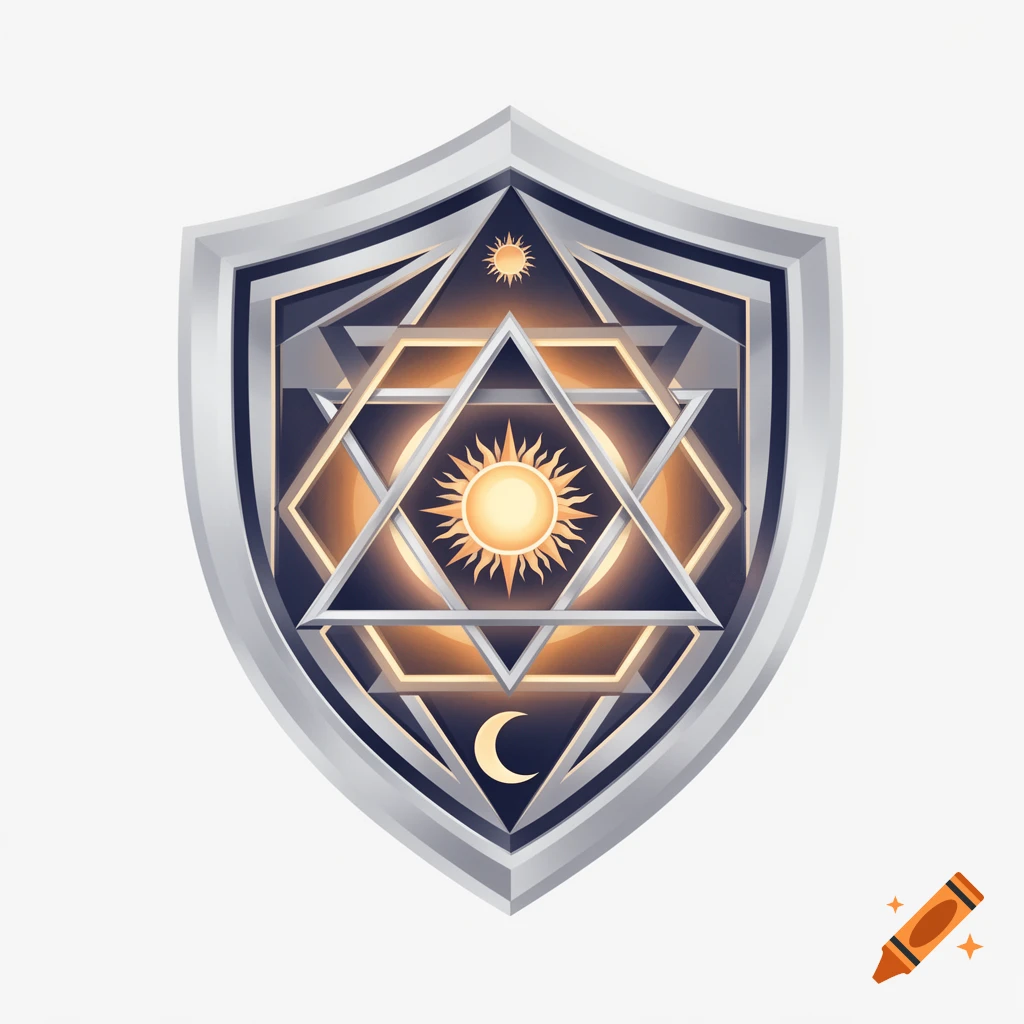 A stylized silver shield emblem featuring nested geometric shapes like triangles and hexagons, with a glowing sun at the center and a crescent moon at the bottom.
