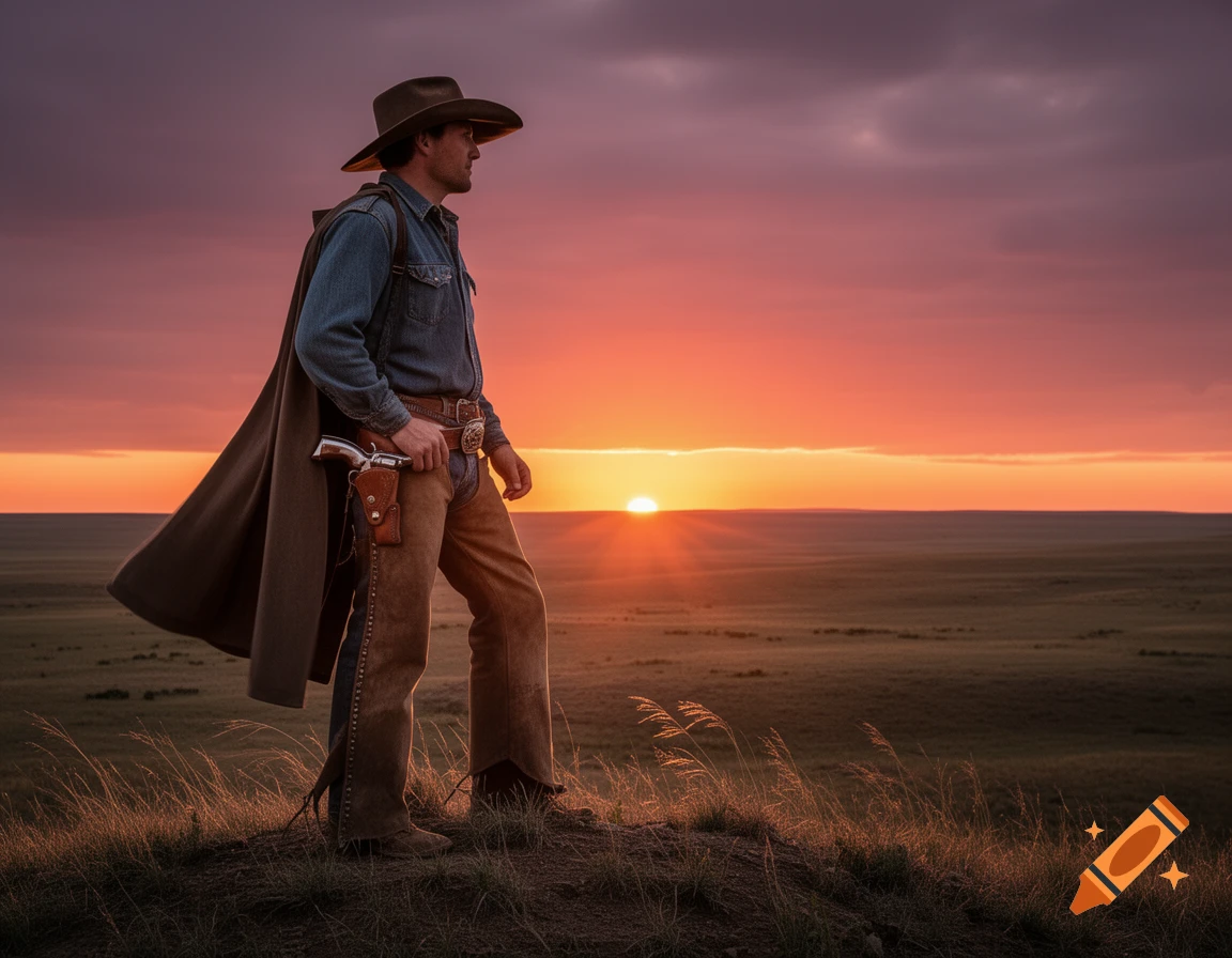 A cowboy in a duster coat and hat stands on a grassy hill, holding a revolver in its holster, overlooking a vast field as the sun sets.