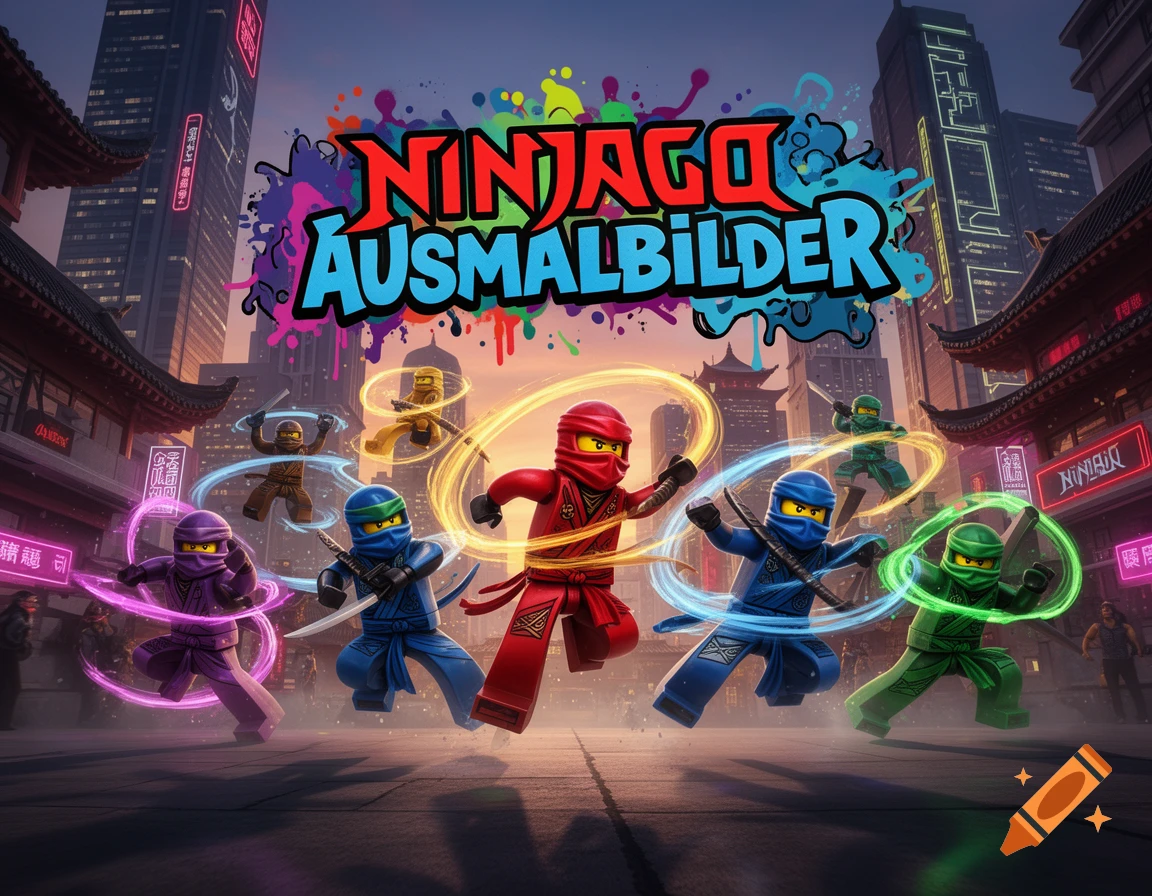 Lego Ninjago characters in colorful ninja outfits with glowing energy rings, in a city with text 'NINJAGO AUSMALBILDER'.
