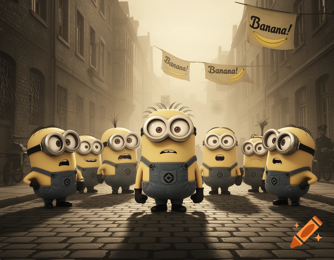 Multiple Minions with wide eyes and open mouths stand in a cobbled street under banners reading "Banana!" in a sepia-toned city.