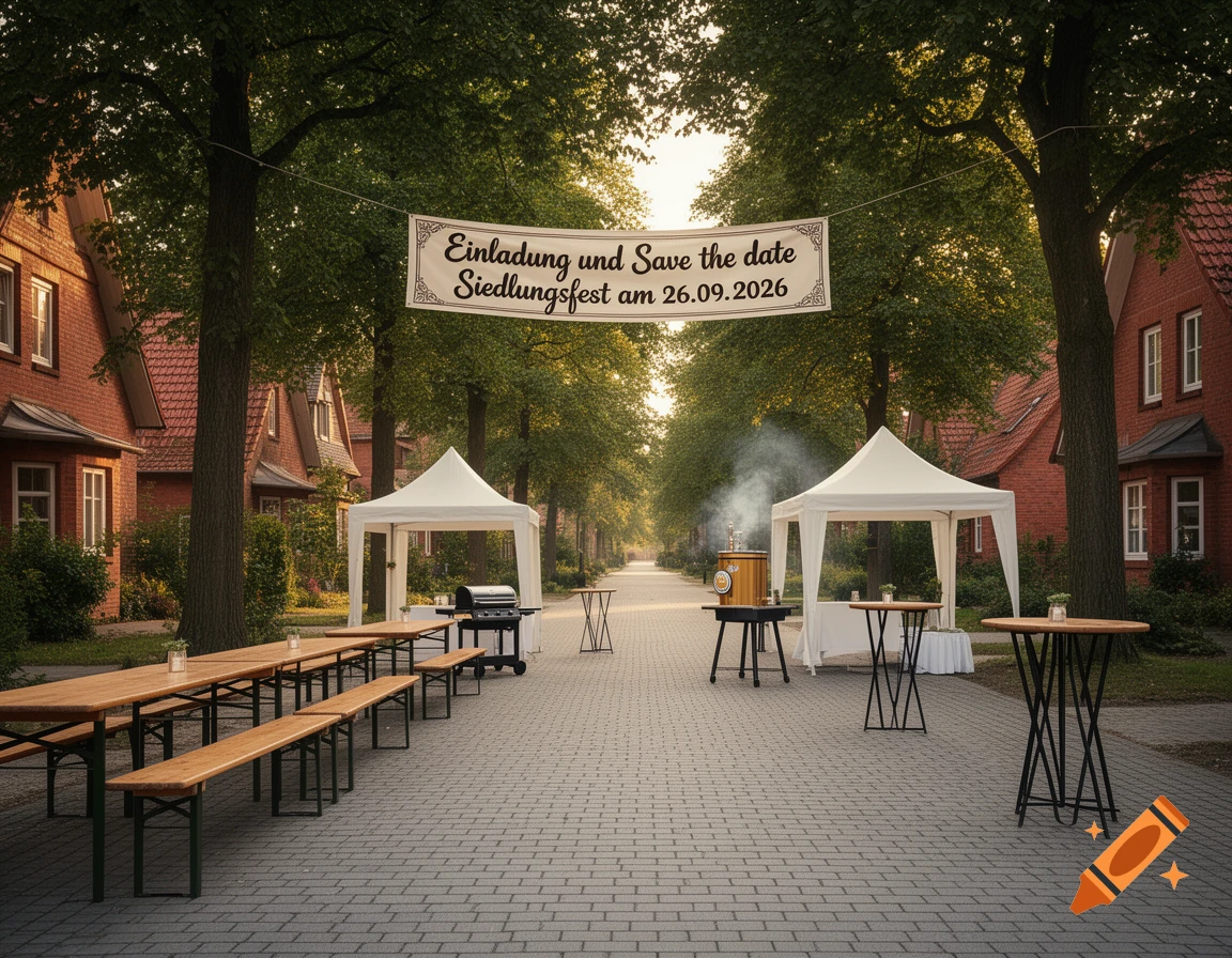 A street lined with red brick houses and trees, set up for a festival with wooden tables, benches, white tents, a grill, beer tap, and banner.