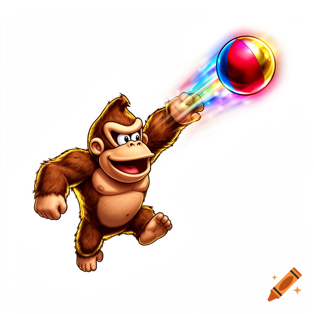 A cartoon monkey resembling Donkey Kong throws a colorful, glowing ball with a rainbow trail.