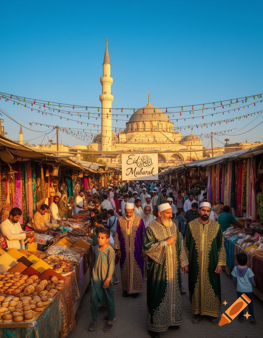 A bustling market street filled with people, stalls of food and goods, under colorful string lights, with a grand mosque and an 'Eid Mubarak' banner in the background.