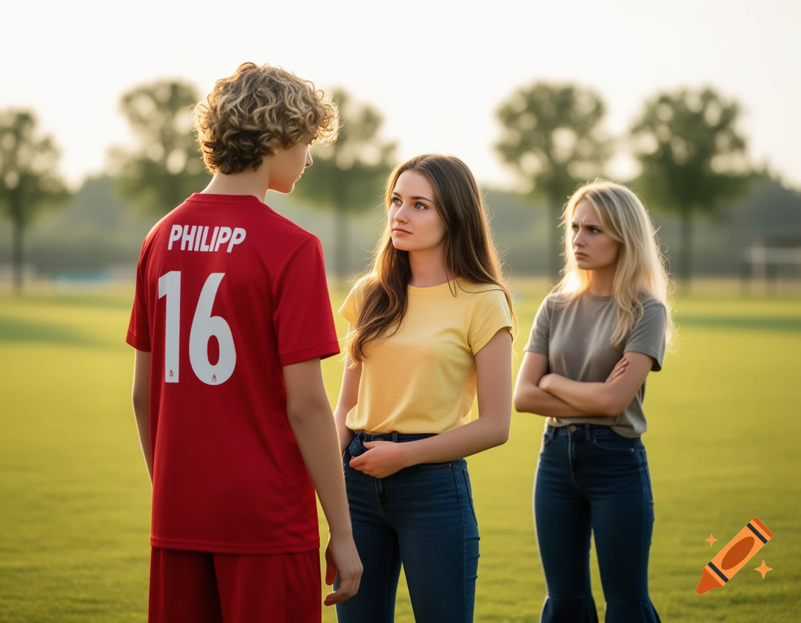 A teenage boy in a red soccer jersey stands on a grass field, facing a girl in yellow; a blonde girl watches, looking jealous.