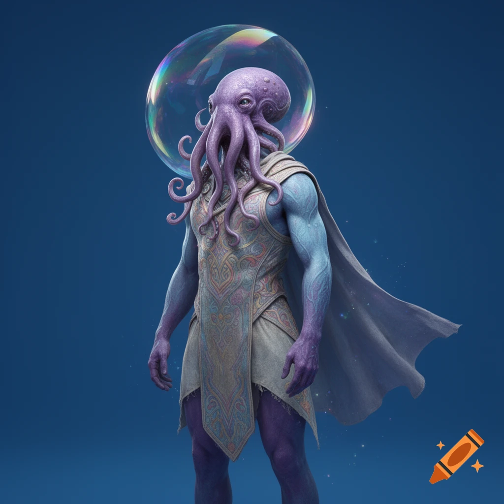 A muscular humanoid creature with a purple octopus head and blue-purple ...