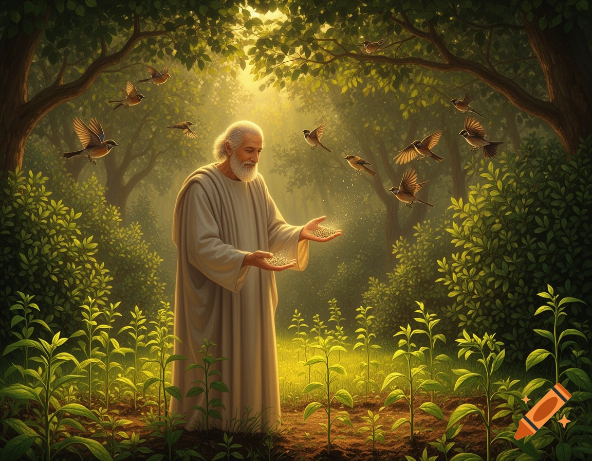An old man with a white beard, dressed in a robe, stands in a sunlit forest, feeding small birds with seeds from his open hands. Lush green foliage surrounds them.