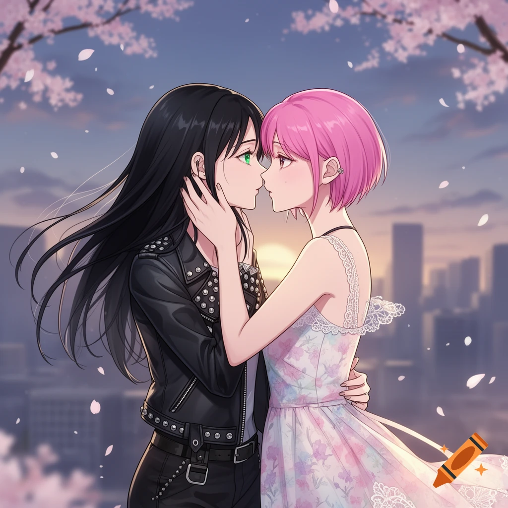 Two anime women, one with black hair and a leather jacket, the other with pink hair and a floral dress, embrace under cherry blossoms at sunset.