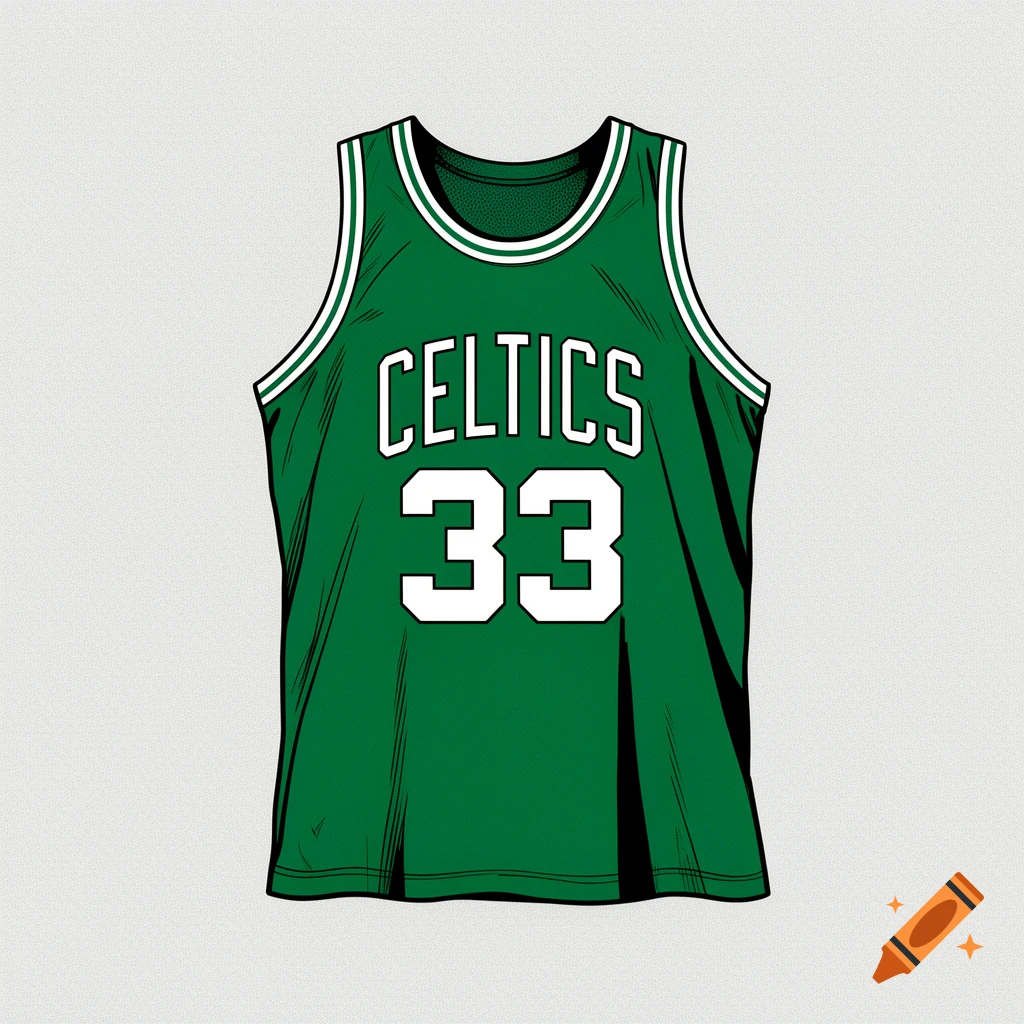 A comic-style illustration of a green Boston Celtics basketball jersey with 'CELTICS' and '33' in white, on a grey background.