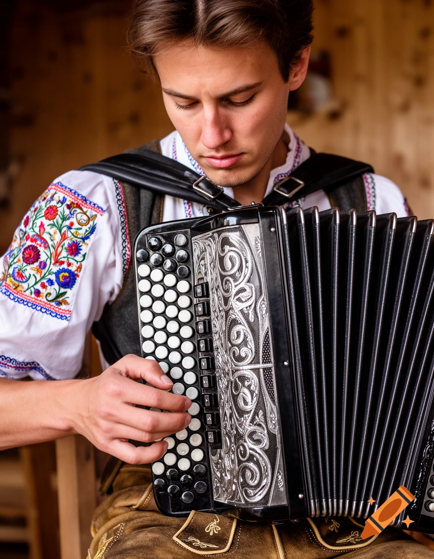 Photorealistic image of a man in traditional embroidered clothing playing an accordion, looking down intently.