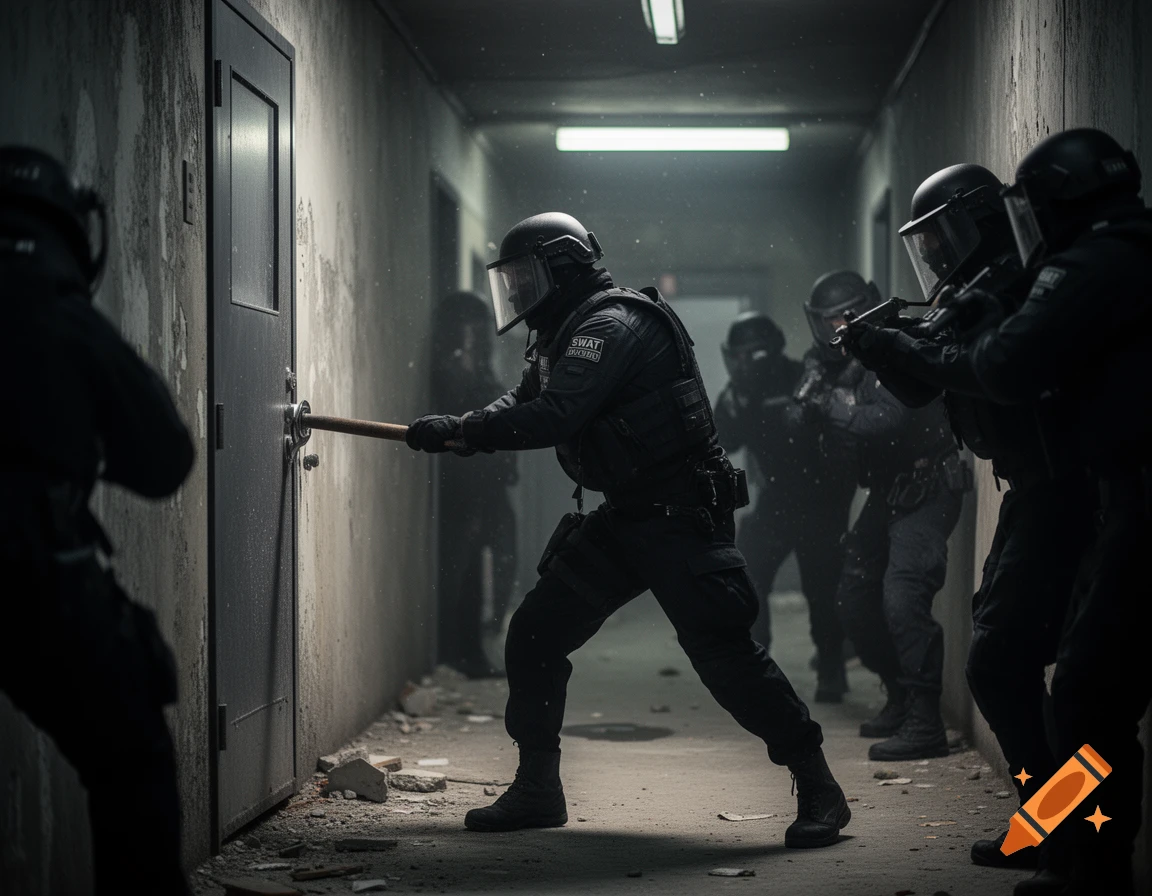 A photorealistic image of a SWAT team breaching a door in a dark, grimy hallway, one officer using a battering ram.