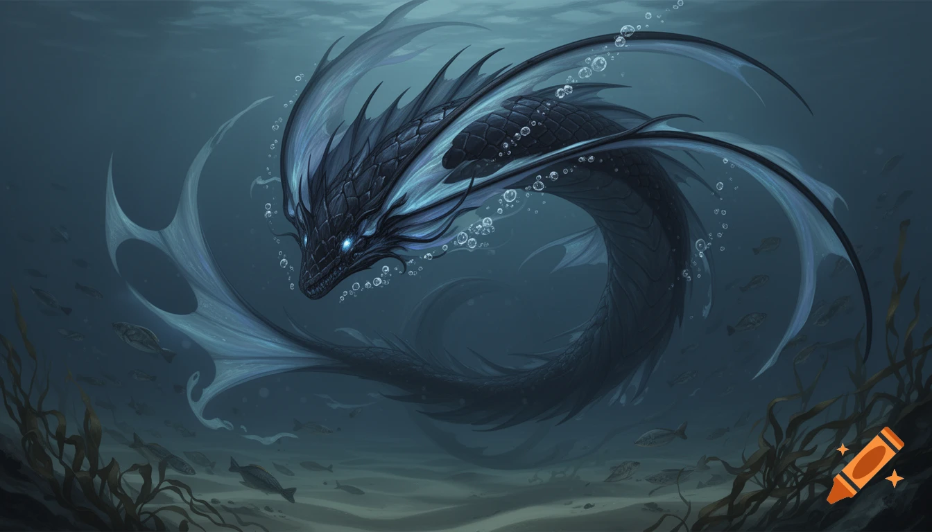 A dark blue leviathan with glowing blue eyes and flowing fins swims through a murky underwater abyss with small fish and kelp.