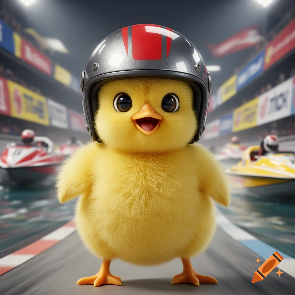 A fluffy yellow chick wearing a racing helmet stands on a boat race track with other boats in the blurred background.