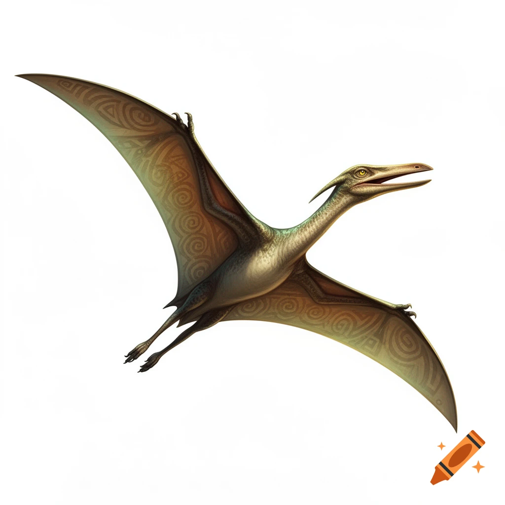 An illustration of a pterodactyl with patterned wings, flying against a white background.