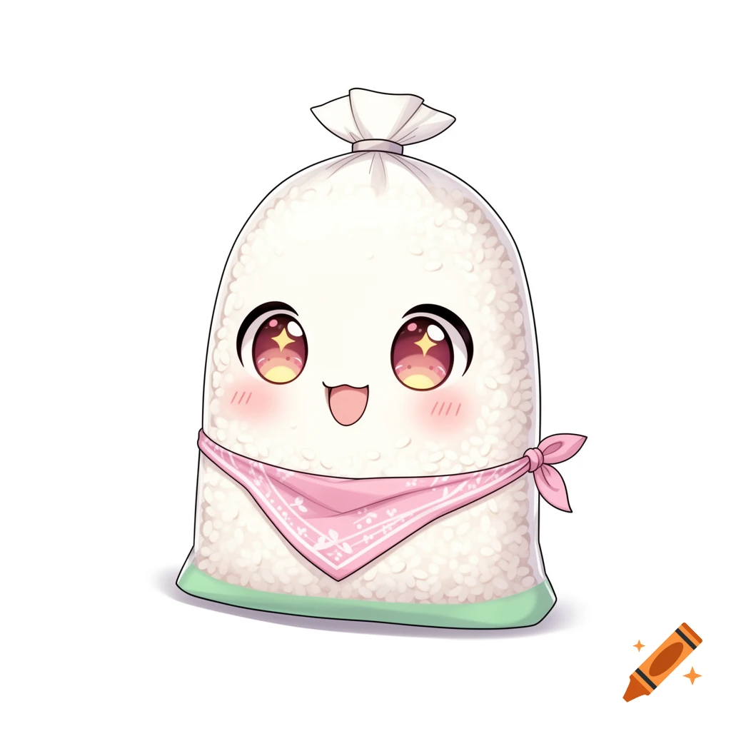 A cute anime-style anthropomorphic rice bag with big sparkling eyes, rosy cheeks, and a pink bandana.