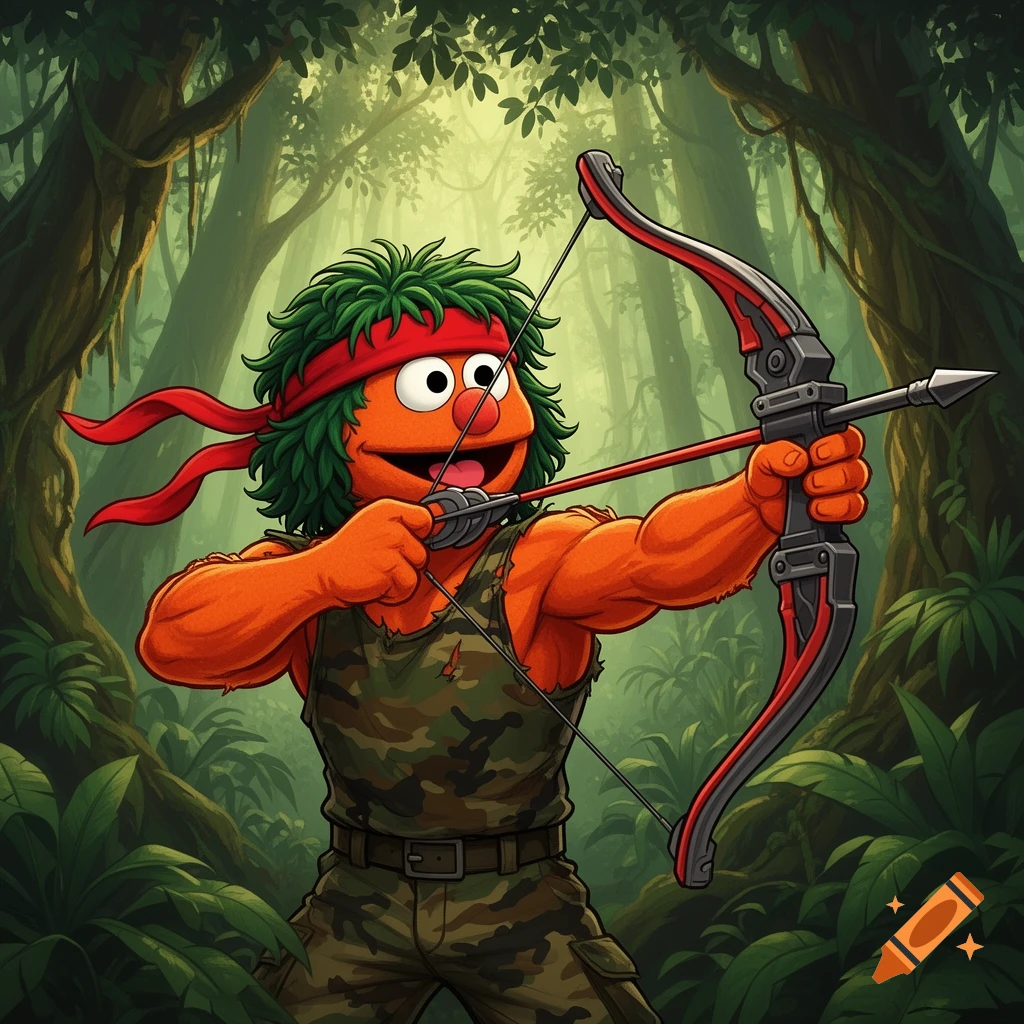 A cartoonish orange muppet-like character with green hair and a red headband, dressed in camouflage, aims a bow and arrow in a lush jungle.