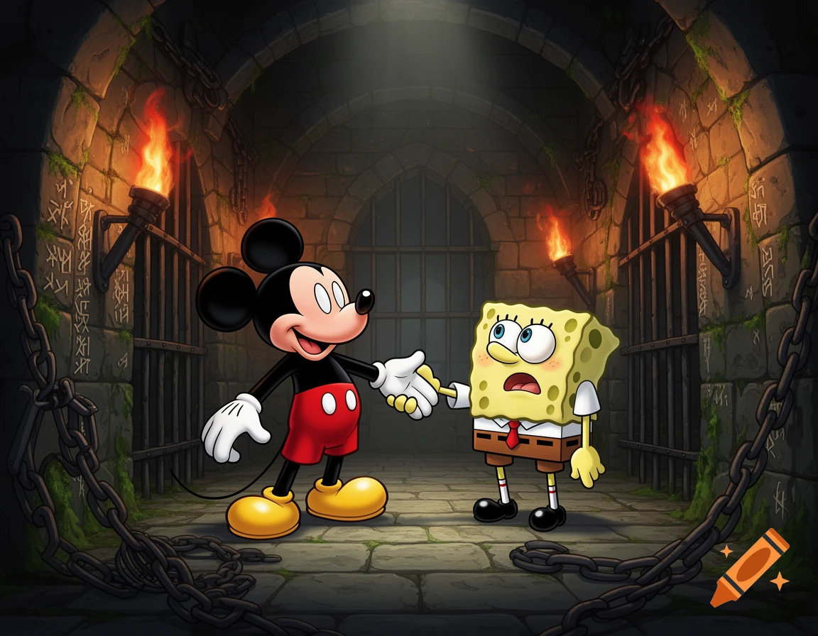 Mickey Mouse holding hands with a scared SpongeBob SquarePants in a dimly lit stone dungeon with torches and chains.