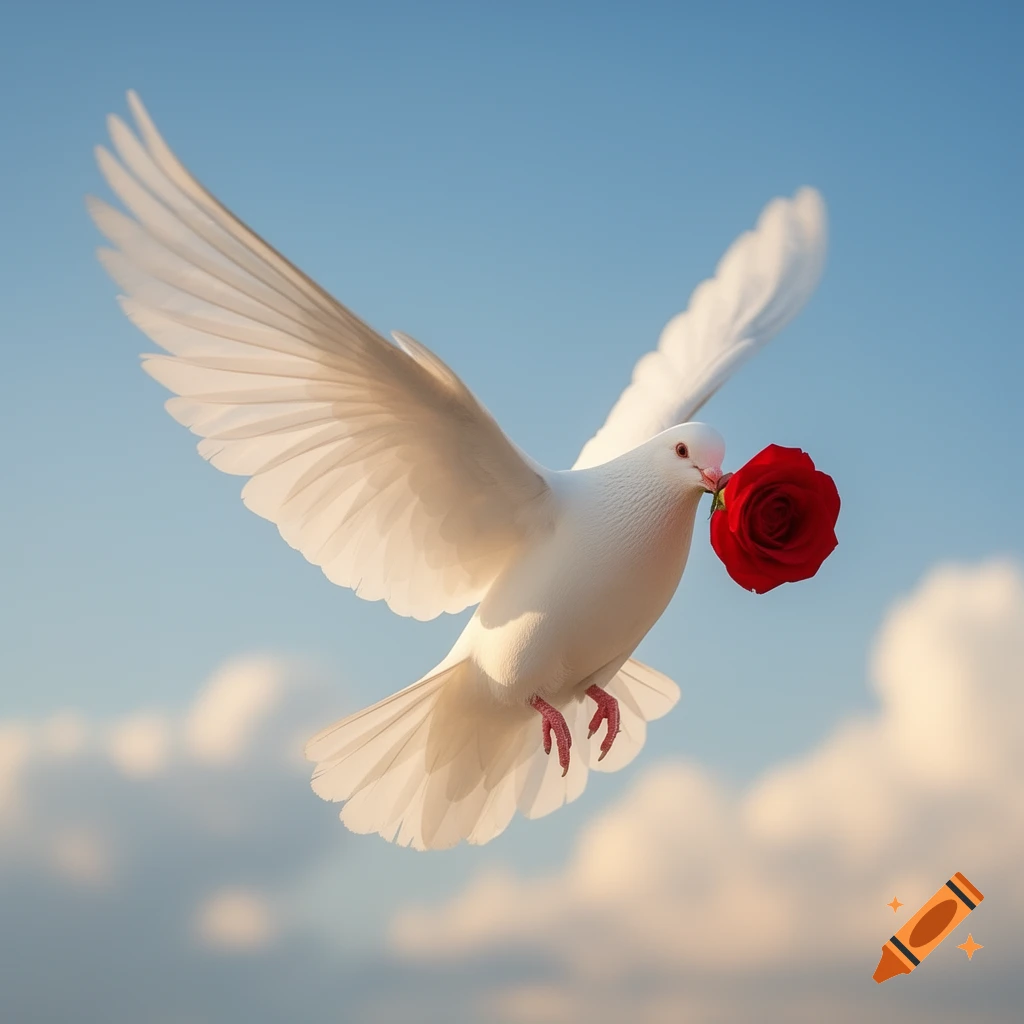 A white dove flies through a blue sky with clouds, holding a vibrant red rose in its beak.