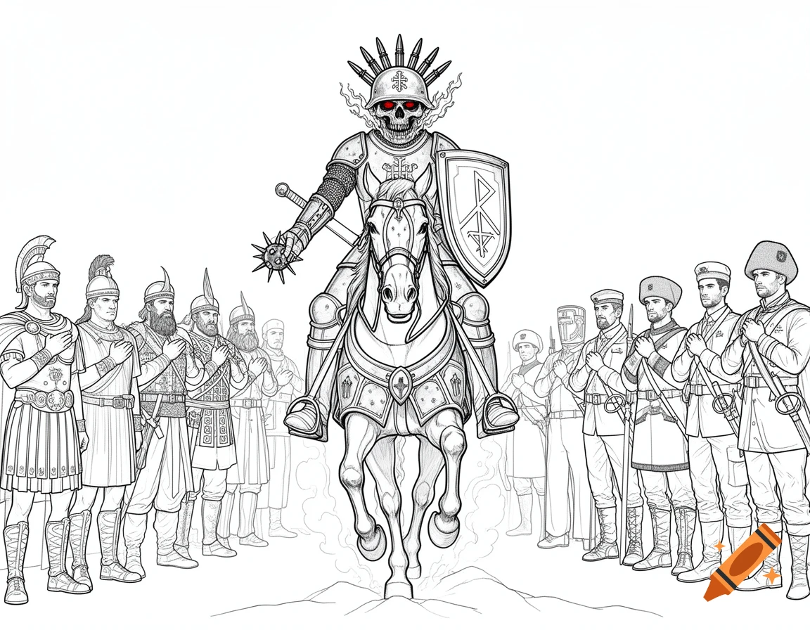 A black and white line drawing features a skeleton knight in armor, with glowing red eyes, riding a galloping horse. Warriors from various historical eras stand on both sides, saluting with their hands over their hearts.