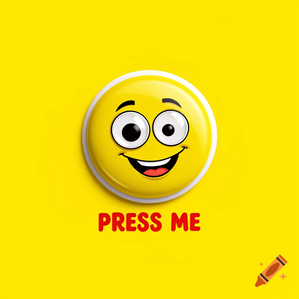 A shiny yellow button with a happy smiley face on a bright yellow background, with the words "PRESS ME" below it.