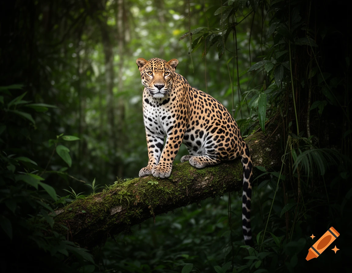 A photorealistic jaguar sits on a mossy log in a lush, dark jungle, looking directly at the viewer.