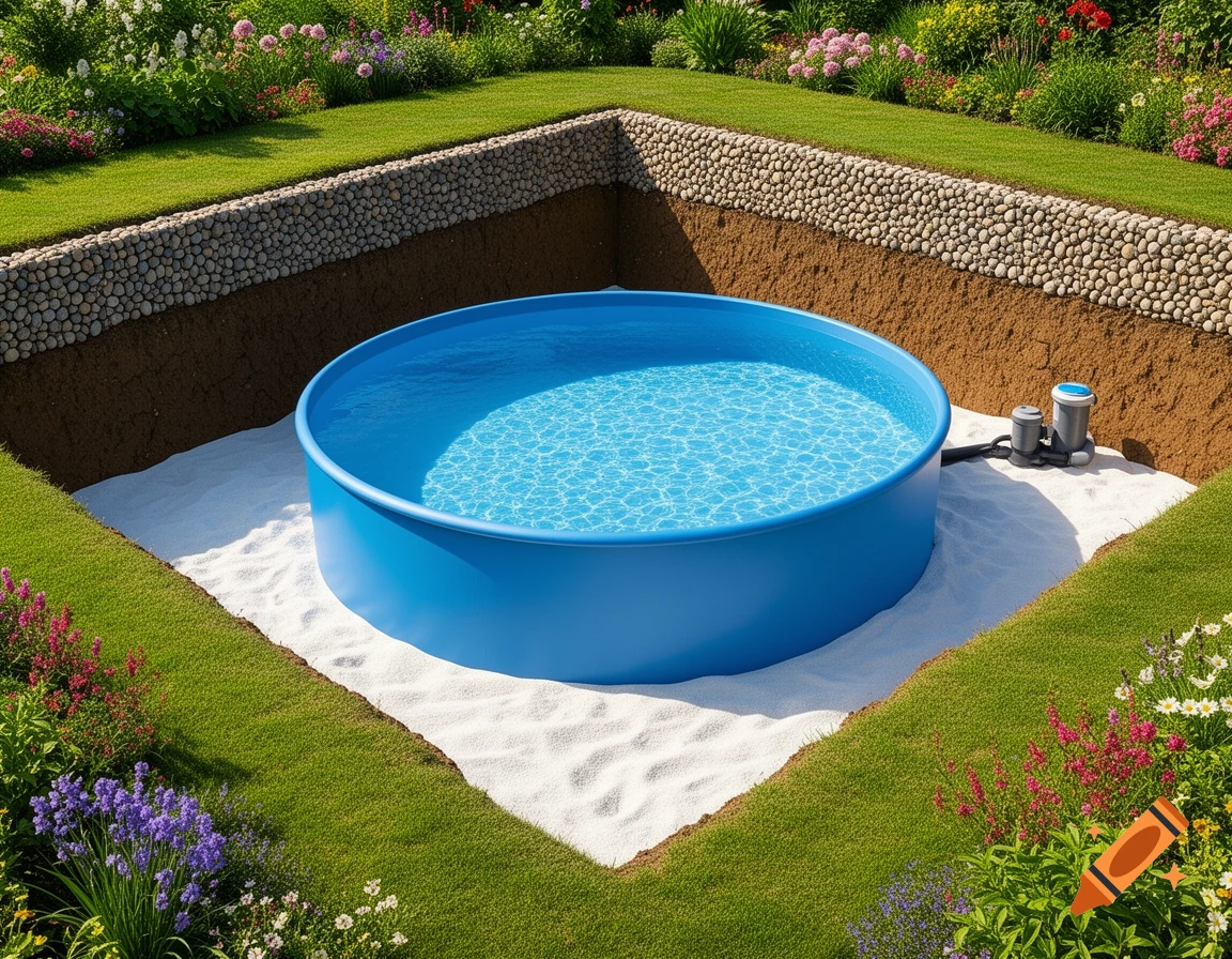 Hyper-realistic outdoor photo of a blue round pool integrated into a garden slope, with a stone-secured earth wall and white sand.