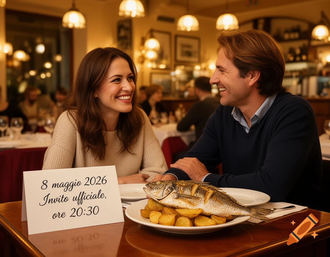 A smiling couple dines in a warm, elegant restaurant, seated at a table with a plate of whole fish, potatoes, and an invitation card.