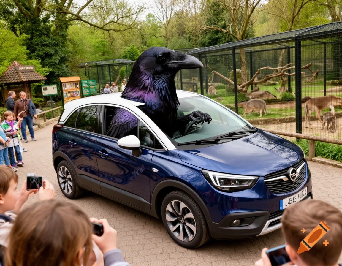 A large crow with iridescent purple feathers drives a dark blue Opel Crossland with a white roof through a zoo, with children taking photos.